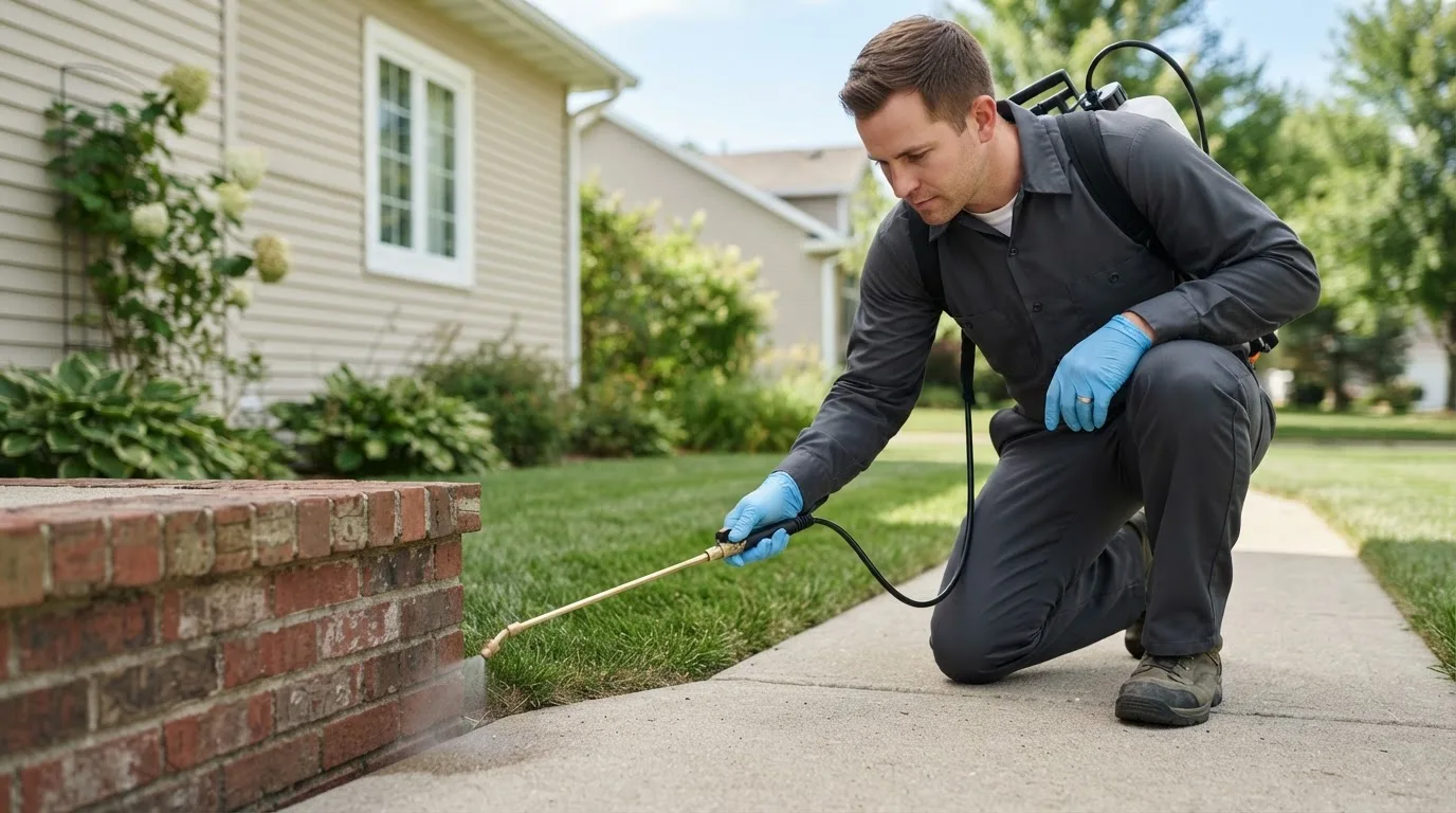 Pest control technician treating a home near Munich, ND